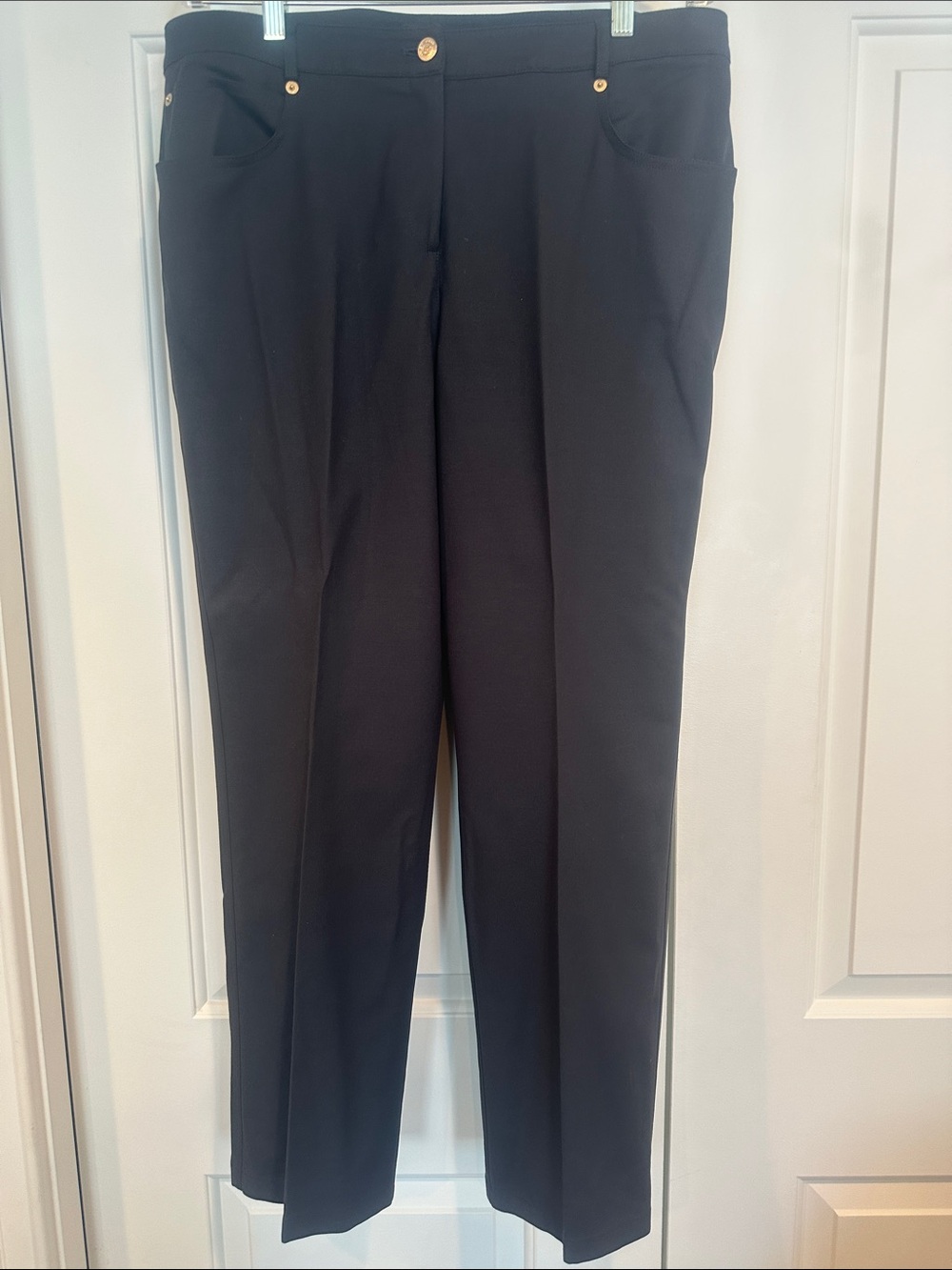 St. John Black Straight-Leg Pants with Gold Buttons